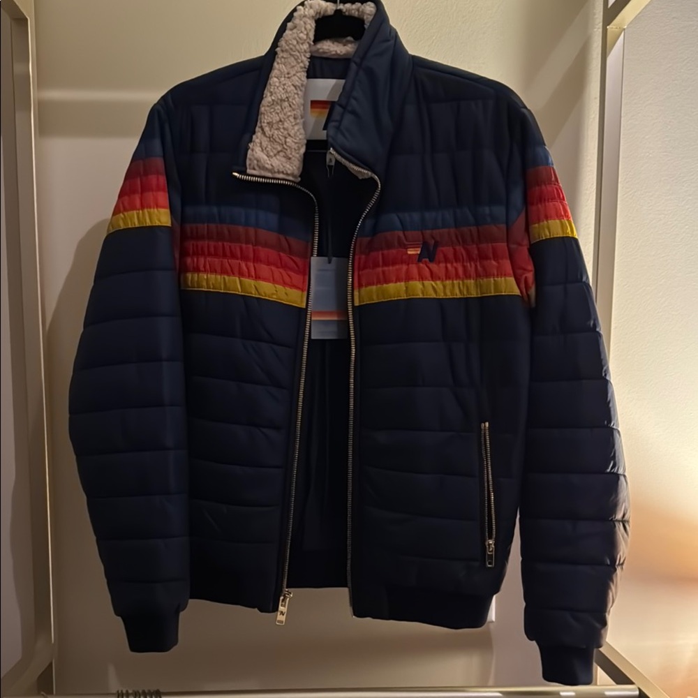 Aviator Nation Blue and Red Puffer Jacket with Retro Stripes